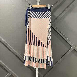 TabulaRasa Striped Wrap Midi Skirt Sz XS Pink Blue White Ruffle Knit Stretch Tie